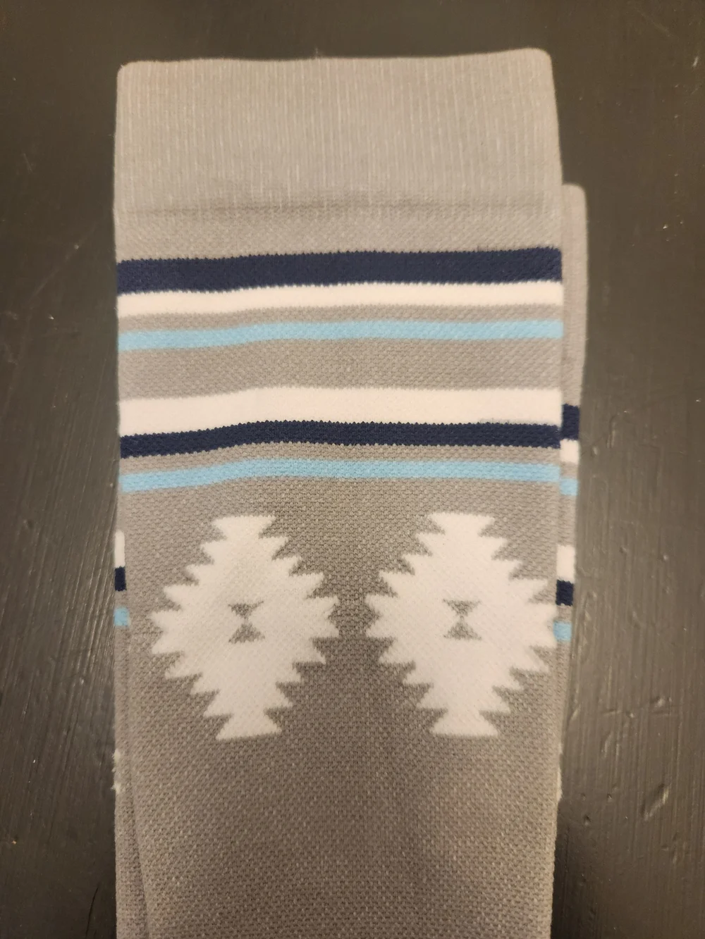 Muk Luks Gray Knee-High Socks with Navy Accents and Light Blue Stripes